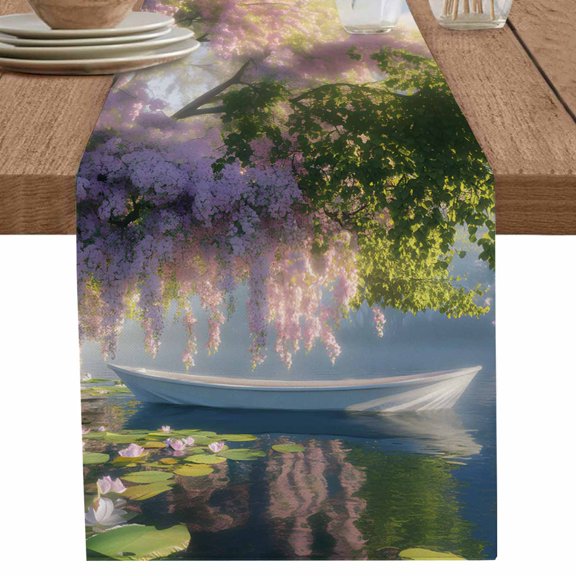 Watercolor Pink Flower Green Leaves Table Runner-36 Inch Long Oil Painting Lake Table Runners Linen Burlap Tablerunner for Kitchen Dining Room Holiday Party