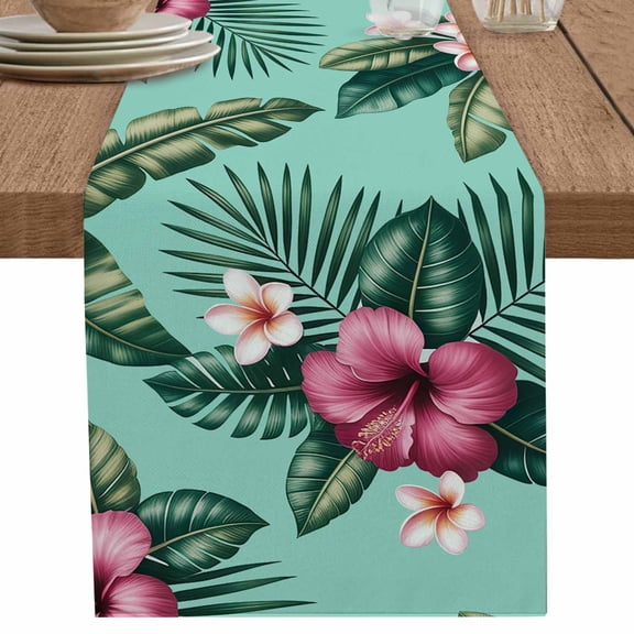 Watercolor Pink Flower Monstera on Green Table Runner-70 Inch Long Tropical Plant Table Runners Linen Burlap Tablerunner for Kitchen Dining Room Holiday Party