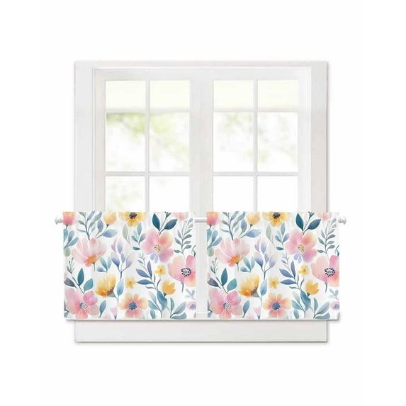 Watercolor Pink Flower Short Blackout Curtains 30 Inch Long Retro Leaves Garden Rod Pocket Kitchen Curtains, 2 Panels Thermal Insulated Room Darkening Drapes for Bedroom, 42"W x 30"L