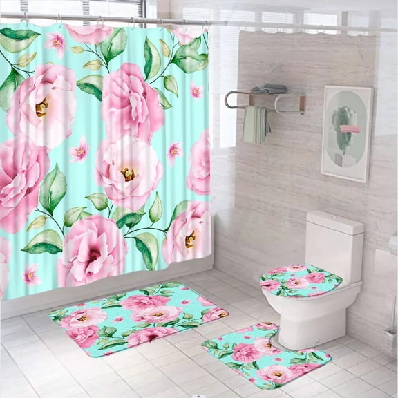 Watercolor Pink Flower Spring Shower Curtain Set Paisley Green Leaves Plant Floral Bath Mat Carpet Toilet Rug For Bathroom Decor