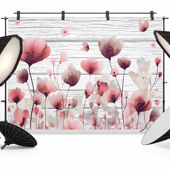 Watercolor Pink Flowers Backdrop for Photography,Fabric Photo Background Backdrop,Spring Flowers Botanical Wood Grain Photo Booth Background for Portrait Photoshoot Video Wedding Studio Banner 7x5ft