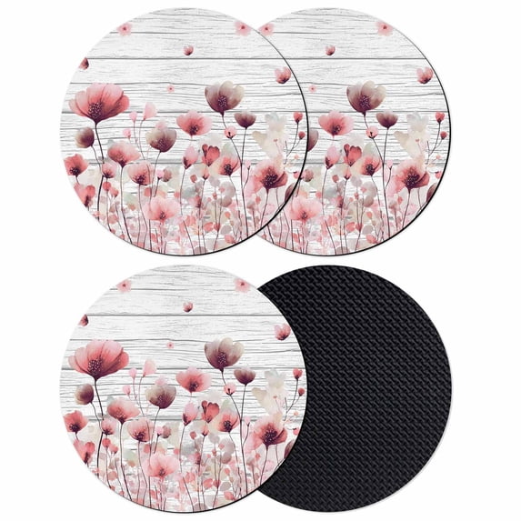 Watercolor Pink Flowers Coasters Set of 4, Absorbent Coasters for Drinks, Spring Flowers Botanical Wood Grain Coaster for Desk Coffee Table Protection, Home Decor House Warming Gifts 4"