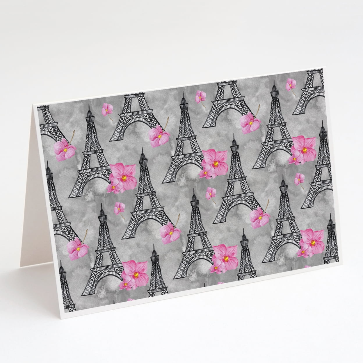 Watercolor Pink Flowers Eiffel Tower Greeting Cards and Envelopes Pack of 8