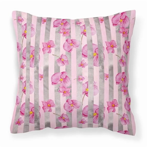 Watercolor Pink Flowers Grey Stripes Fabric Decorative Pillow, 14 x 14 in.