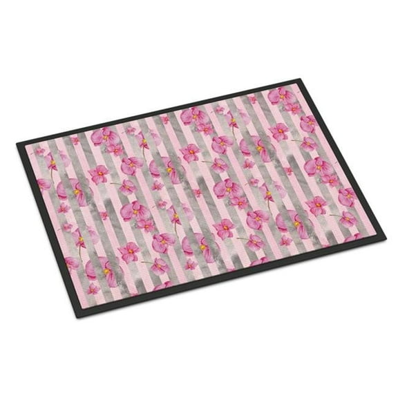 Watercolor Pink Flowers Grey Stripes Indoor or Outdoor Mat - Pink - 24 x 36 in.