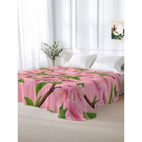 Watercolor Pink Flowers Peaches California King Size Flat Sheet Only,Soft Top Bed Sheets Breathable Bedding Sheet Spring Tree Branches Microfiber Hotel Flat Sheets