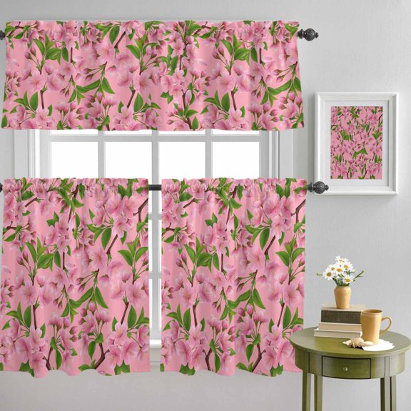 Watercolor Pink Flowers Peaches Curtain Tier and Valance Set 3 Piece, Spring Tree Branches 3-inch Rod Pocket Window Tier Curtains Valance for Kitchen Living Room