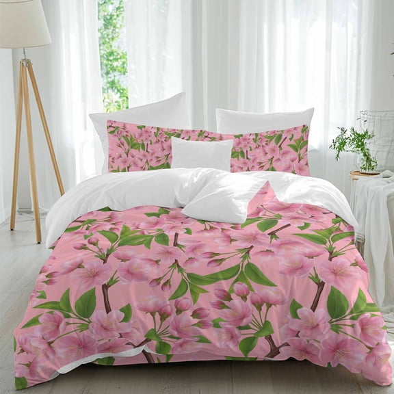 Watercolor Pink Flowers Peaches Soft Breathable Bedding Set with Pillow Shams Flat Sheet, Spring Tree Branches Bed Comforter Cover Sets