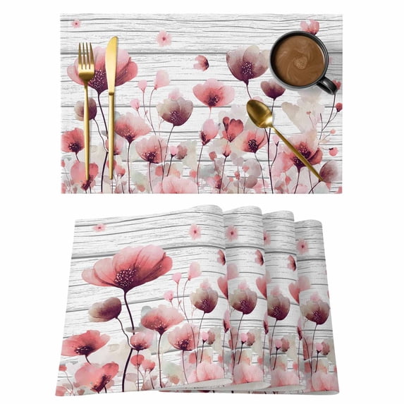 Watercolor Pink Flowers Placemats Set of 4, Spring Flowers Botanical Wood Grain Placemats for Dining Table, Place Mats for Kitchen Tabletop, Waterproof Wipeable Dining Table Mats Set