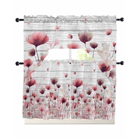Watercolor Pink Flowers Swag Curtains for Living Room/Bedroom Windows, Spring Flowers Botanical Wood Grain Kitchen Curtains and Valances Set 36 Inch Length, Swags Valance Curtain Panels