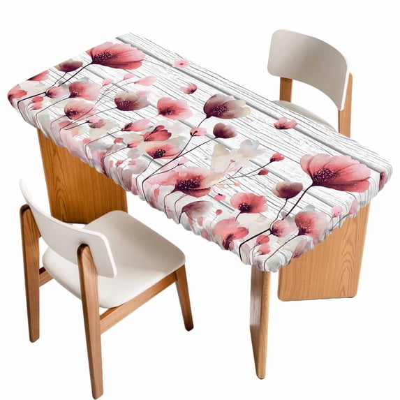 Watercolor Pink Flowers Table Cloths for 3 Foot Rectangle Tables, Spring Flowers Botanical Wood Grain Patio Waterproof Elastic Fitted Tablecloths, Washable Rectangular Table Cover for Camping