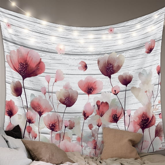 Watercolor Pink Flowers Tapestry for Bedroom Wall Hanging Tapestry, Spring Flowers Botanical Wood Grain Ceiling Backdrop Tapestries Poster Blanket Wall Decor for Teens Room Living Room Dorm 51" x 59"