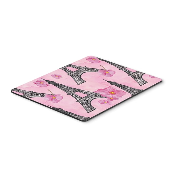 Watercolor Pink Flowers and Eiffel Tower Mouse Pad Hot Pad or Trivet