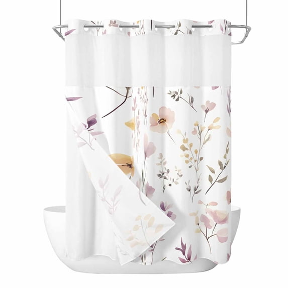 Watercolor Pink No Hooks Shower Curtain with Snap-in Liner Flower Leaves Rustic Vintage Spring Plant Shower Curtains for Bathroom, Waterproof, Easy Install, Washable 60"x72"