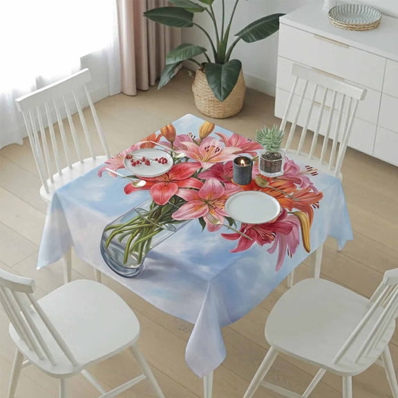 Watercolor Pink Lily Floral Table Cloth 54x54in, Waterproof Square Tablecloth Wipeable Tablecloths Flower Vase on Light Blue Table Covers for Dining Tables Party Indoor Outdoor