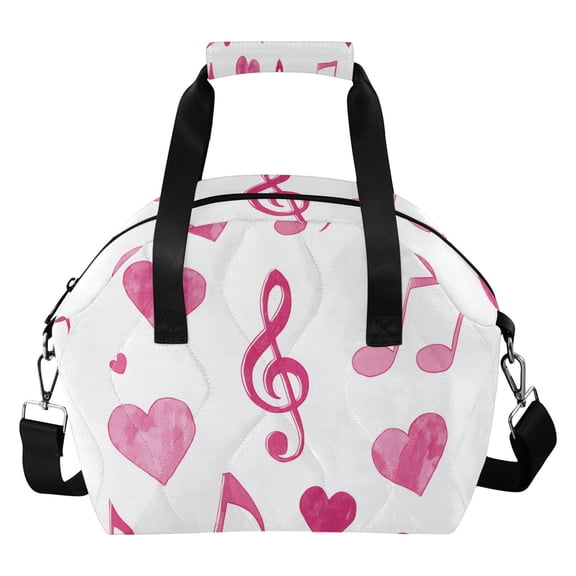 Watercolor Pink Music Notes Hearts Valentine Insulated Lunch Bag Reusable Quilted Lunch Box Waterproof Leakproof Lunch Container