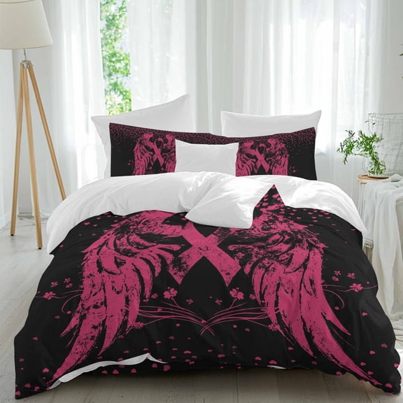 Watercolor Pink Ribbons Wings on Black Queen Size Bed Set,Love Heart Flowers Bedding for All Seasons,4 Pcs Bed Set,1 Quiltcover (90"x92"),1 Sheet(94"x116"),2 Pillowcases (30"x20")