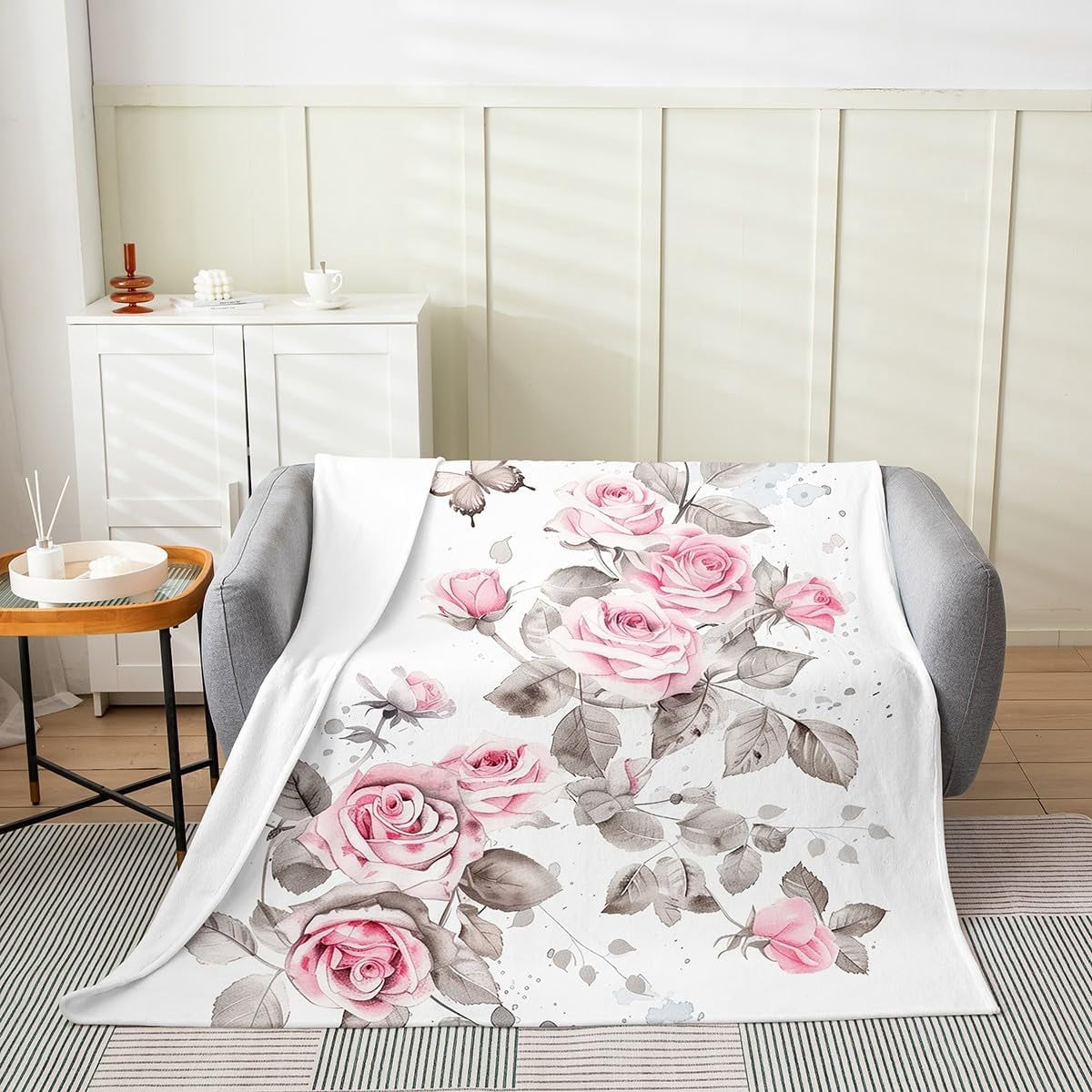 Plush Roses Throw Watercolor Pink Rose And Butterfly Plush Throw Blanket for Couch and ...