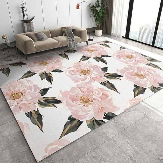 Watercolor Pink Rose Flowers Area Rug, Pastoral Hand-Painted Rose Flowers Indoor Non-Slip Rugs, Machine Washable Breathable Easy Care Carpet For Front Entrance Floor Decor 1x2ft