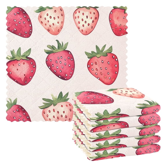 Watercolor Pink Strawberries Kitchen Cloth Dish Towels for Drying Washing Absorbent Dish Rags 6 Pack