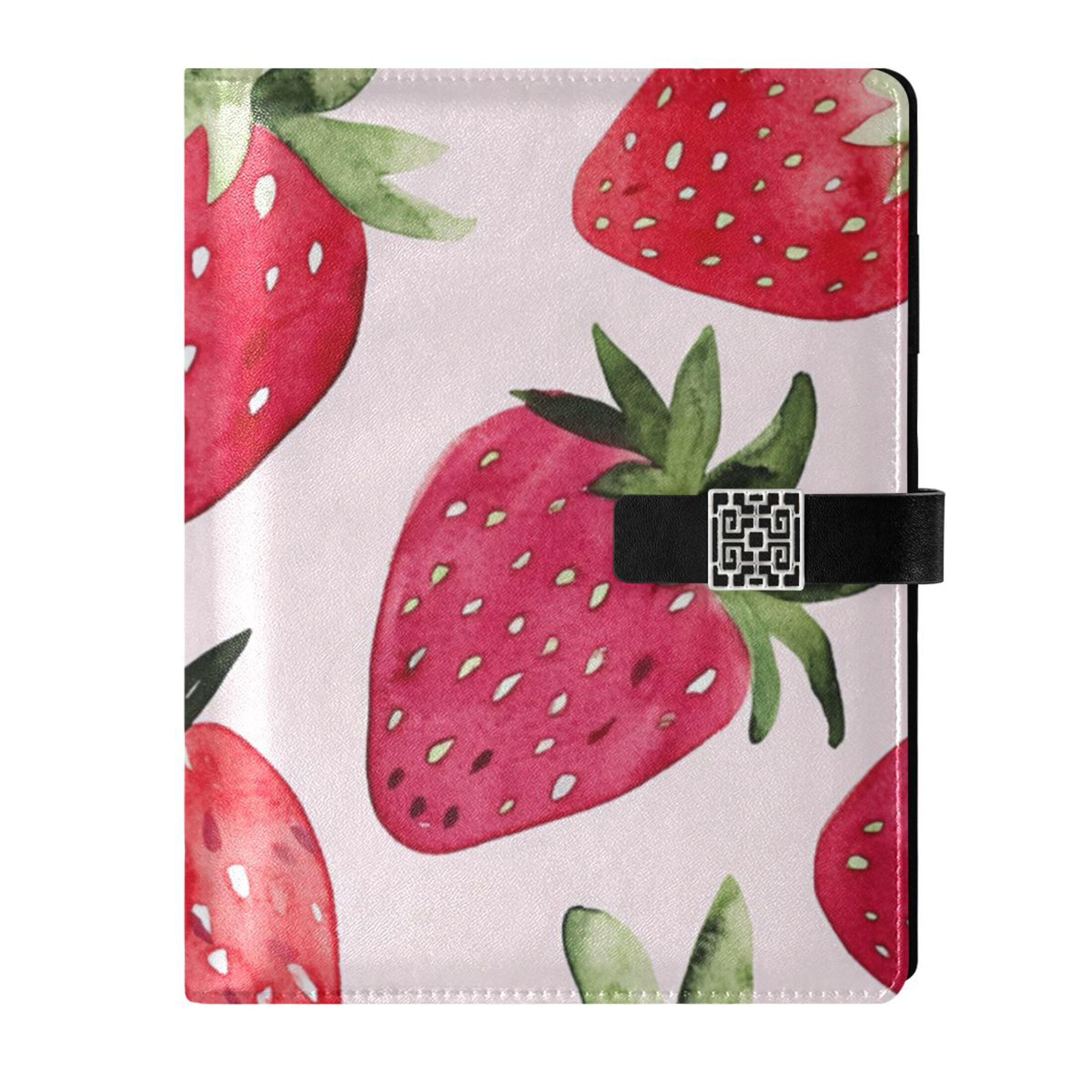 Watercolor Pink Strawberry Leather Journal Notebook for Men Women A5 Hardcover Notebook with Pockets for Work Business Travel