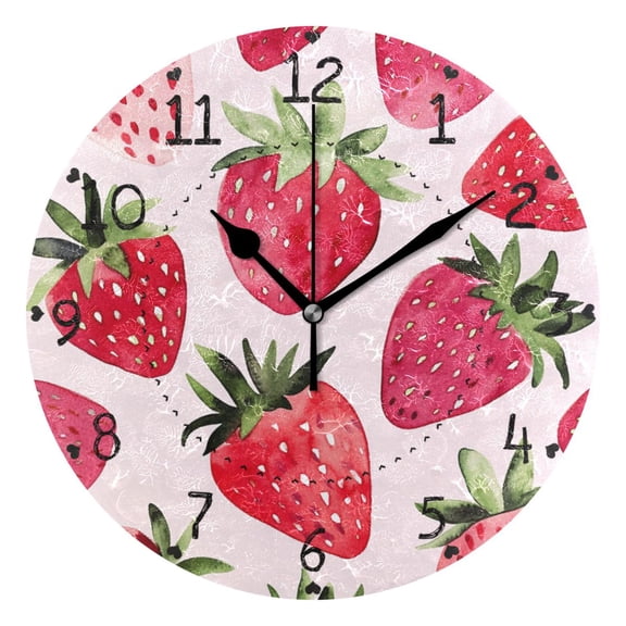 Watercolor Pink Strawberry Round Wall Clock Silent Battery Operated Home Decor for Living Room Bedroom