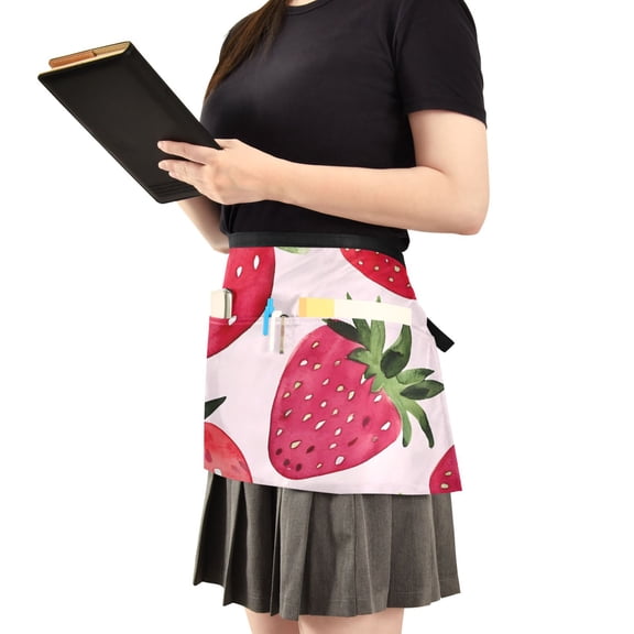 Watercolor Pink Strawberry Server Apron with 3 Pockets Waist Apron for Waiter Waitress