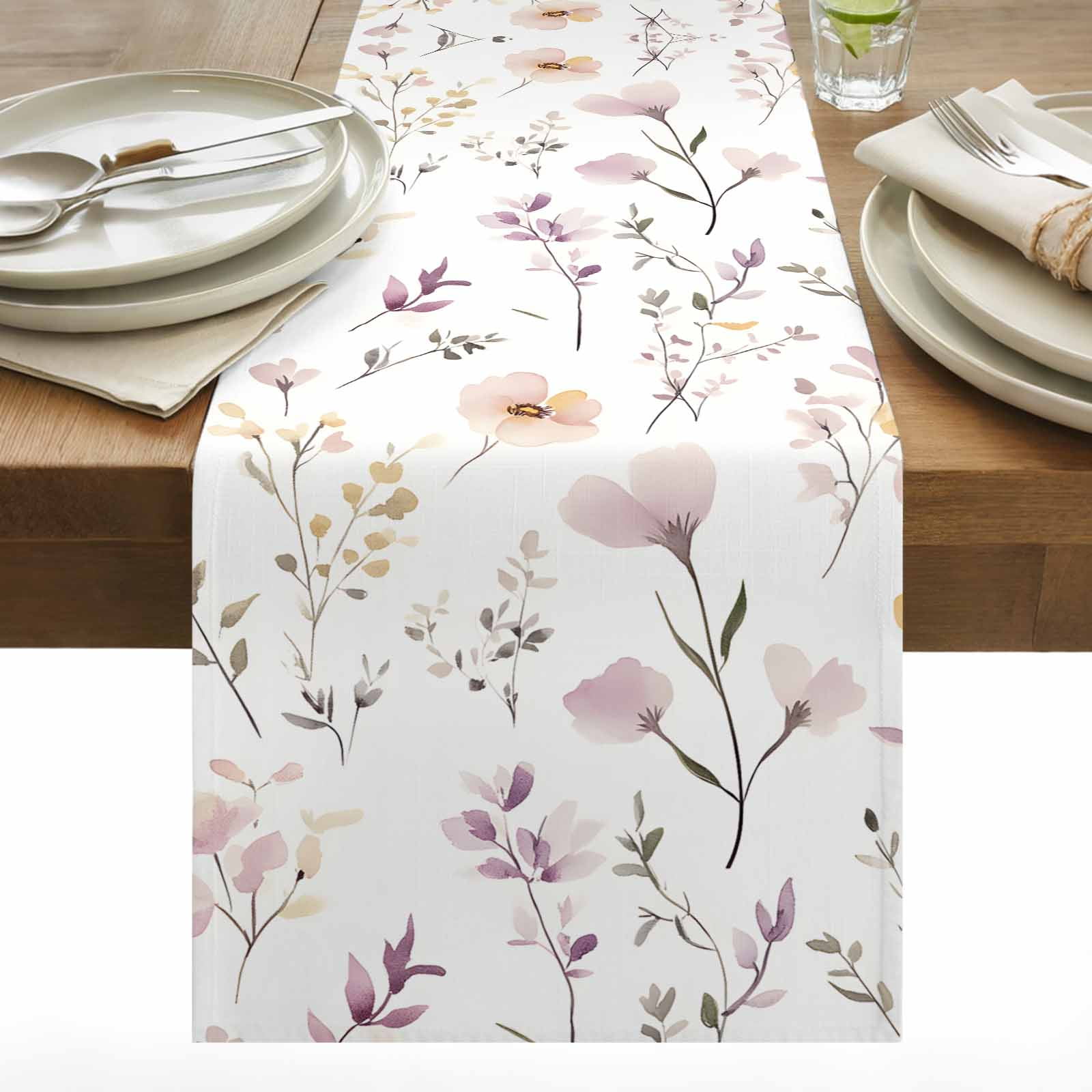 Watercolor Pink Table Runner 13x120 inch Flower Leaves Rustic Vintage Spring Plant Cotton Linen Dining Table Runner Ideal for Dresser Kitchen Coffee Tables - Machine Washable