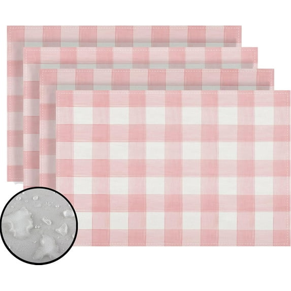 Watercolor Pink White Buffalo Check Plaid Placemats Set of 4 Pink Gingham Table Mats Farmhouse Spring Easter Home Table Decorations-12×18''''