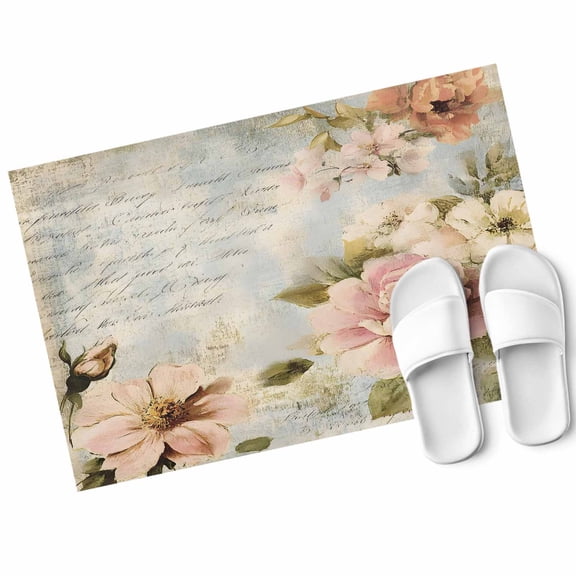 Watercolor Pink White Flowers Door Mat Vintage Letter Texture Non Slip Absorbent Entrance Mat Washable Low Profile Indoor Doormat for Front Door Entryway Entry 16"x24"