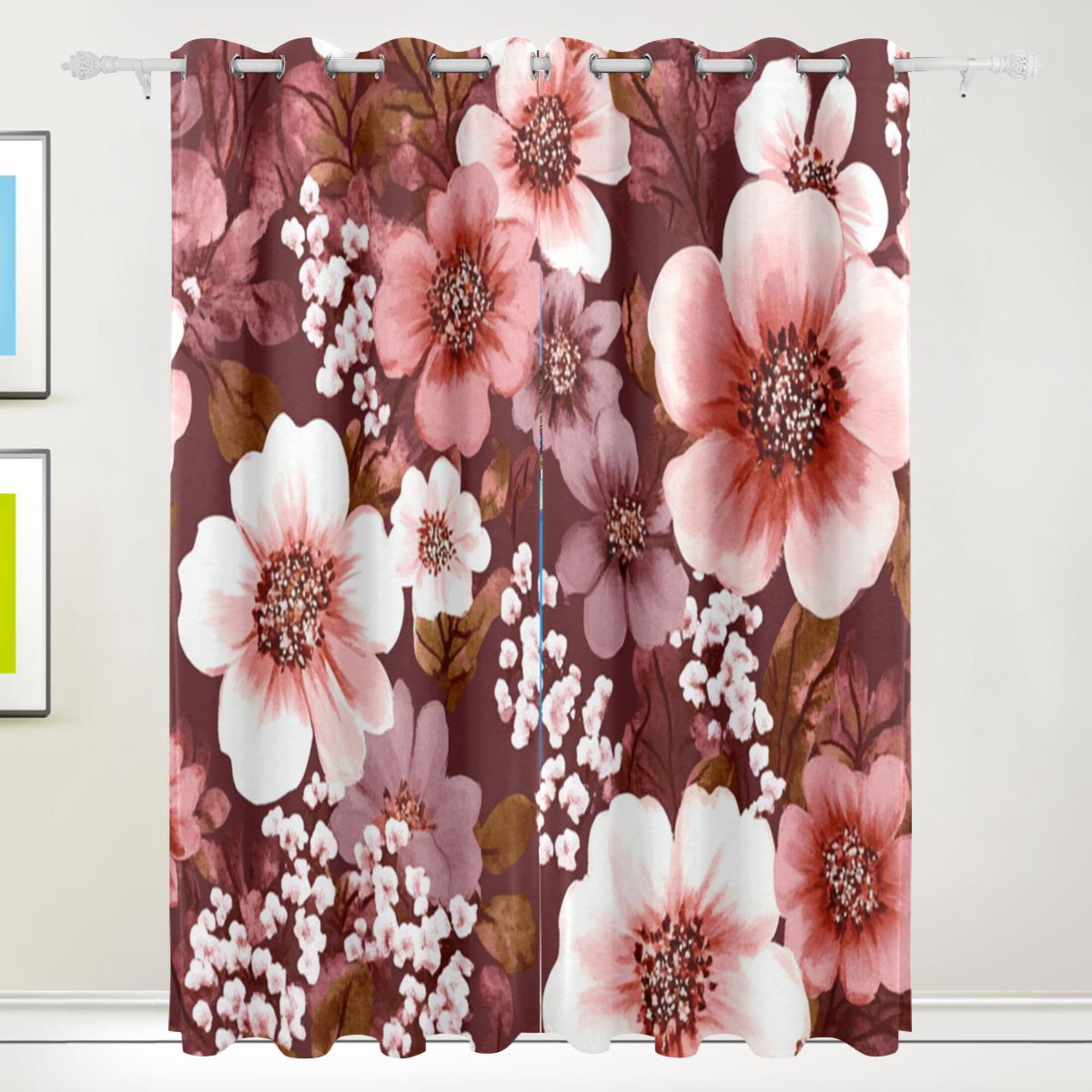 Watercolor Pink Wildflower Repeat Pattern Blackout Curtains 55W x 84L ...