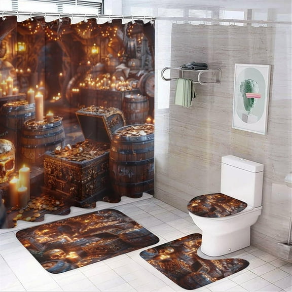 Watercolor Pirate Ship Treasure Shower Curtain Rustic Anime Nautical Coastal Pirate Ship Treasure Bathroom Shower Curtain Set with Hooks
