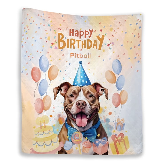 Watercolor Pitbull Happy Birthday Celebration Balloons Gift Party Quilt Blanket Terrier Dog Lover Cozy Comforter Throw Blanket - 00028
