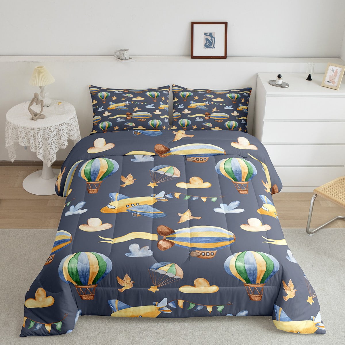 Watercolor Plane Comforter King for Kids Toddler Flying Aircraft Bedding Set, Cartoon HotAir