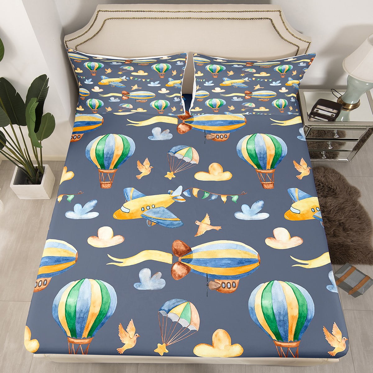 Watercolor Plane Queen Sheets for Kids Toddler Flying Aircraft Bed