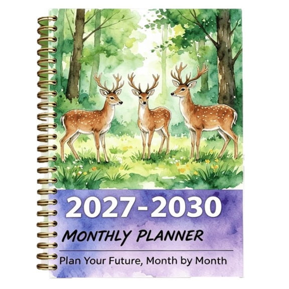 Watercolor Planner for 2027-2030 with Three Deer on the Cover, Annual and Monthly Views, Weekly Grids, and Lay-Flat Spirals Binding
