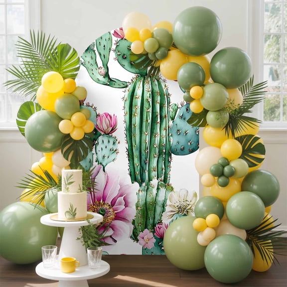 Watercolor Plant Arch Backdrop Cover, 7.2FT, Succulent Cactus Pink Floral Botanical Spandex Arch Covers Double-Sided Backdrop for Wedding Birthday Party Photo Background Decoration