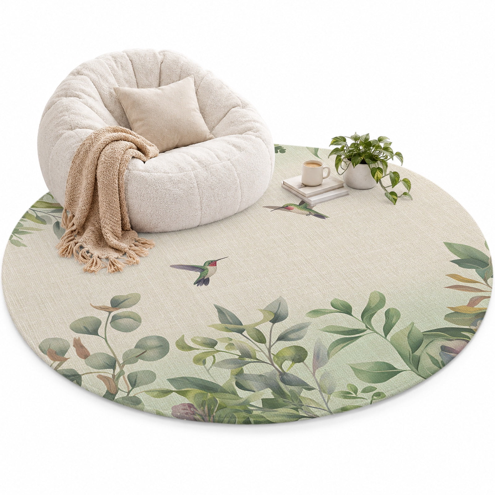 Watercolor Plant Area Rug 4', Hummingbird Green Leaf Linen Texture Soft ...