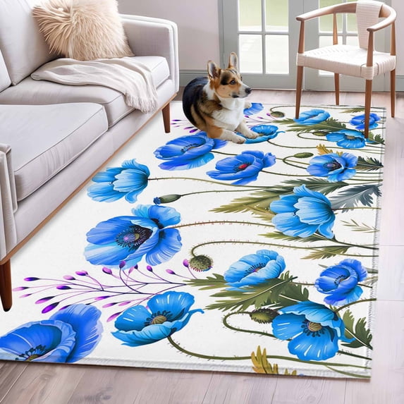 Watercolor Plant Area Rugs 3x5 ft Blue Poppy Floral Decoration Washable Rug Non Slip Indoor Carpet Absorbent Floor Mat for Living Room Bedroom Dining Room