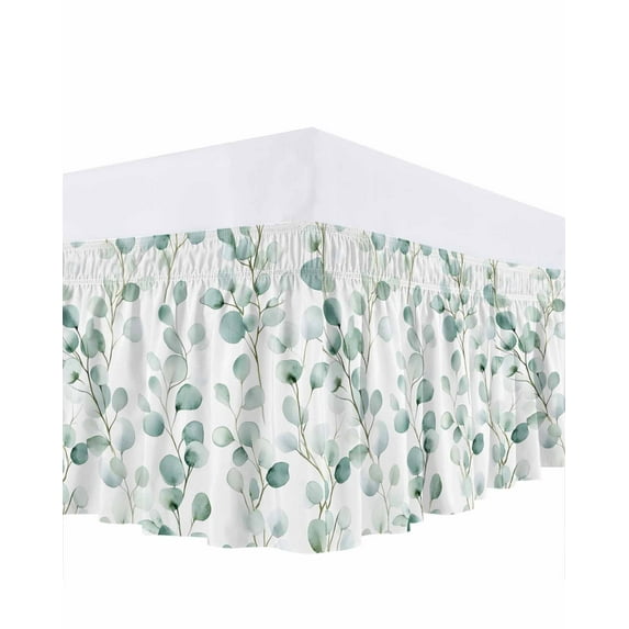 Watercolor Plant Bed Skirt Green Eucalyptus Leaf Farm Bed Skirts California King Size 18 Inch Drop, Wrap Around Dust Ruffle&nbsp;Bedskirt with Adjustable Elastic Belt for Queen Size Beds