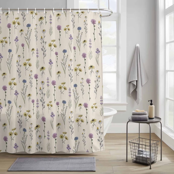 Watercolor Plant Fabric Shower Curtain for Bathroom Waterproof Polyester Bath Curtain with 12 Hooks Sunflower Plants Flower Printing Washable Shower Curtain with Grommets 36"x72"