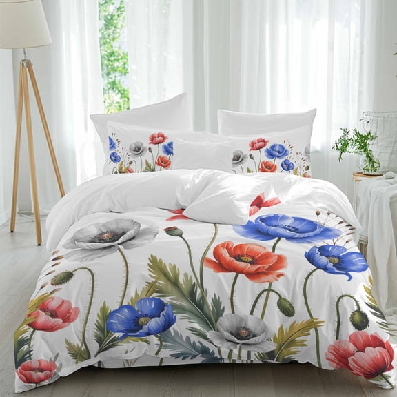 Watercolor Plant Full Size Comforter Set, Red Blue Poppy Floral Decoration Bedding for All Seasons, 4 Pcs Bed Set, 1Quiltcover (86"x86") ,1Sheet(80"x116"), 2Pillowcases (30"x20")