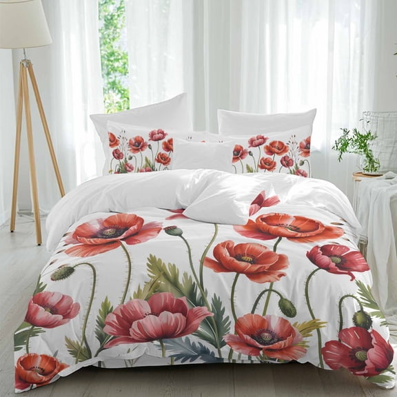 Watercolor Plant Full Size Comforter Set, Red Poppy Floral Decoration Bedding for All Seasons, 4 Pcs Bed Set, 1Quiltcover (86"x86") ,1Sheet(80"x116"), 2Pillowcases (30"x20")