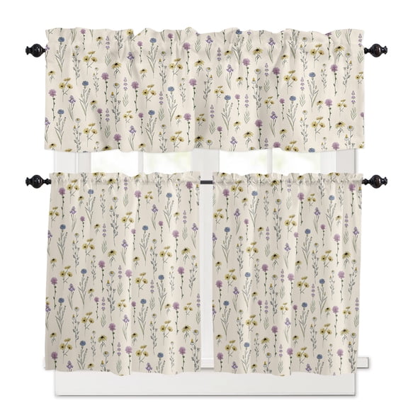 Watercolor Plant Kitchen Curtains Valances and Tiers Set of 3, 24 Inch Length Tier Curtains and Valance Rod Pocket Valance Curtains Set for Kitchen Bathroom Small Windows
