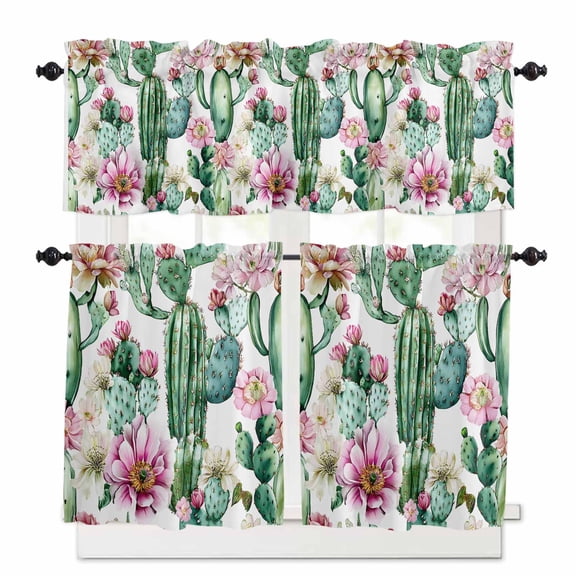 Watercolor Plant Kitchen Curtains Valances and Tiers Set of 3, 24 Inch Length Tier Curtains and Valance Rod Pocket Valance Curtains Set for Kitchen Bathroom Small Windows