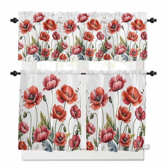 Watercolor Plant Kitchen Curtains Valances and Tiers Set of 3, 24 Inch Length Tier Curtains and Valance Rod Pocket Valance Curtains Set for Kitchen Bathroom Small Windows
