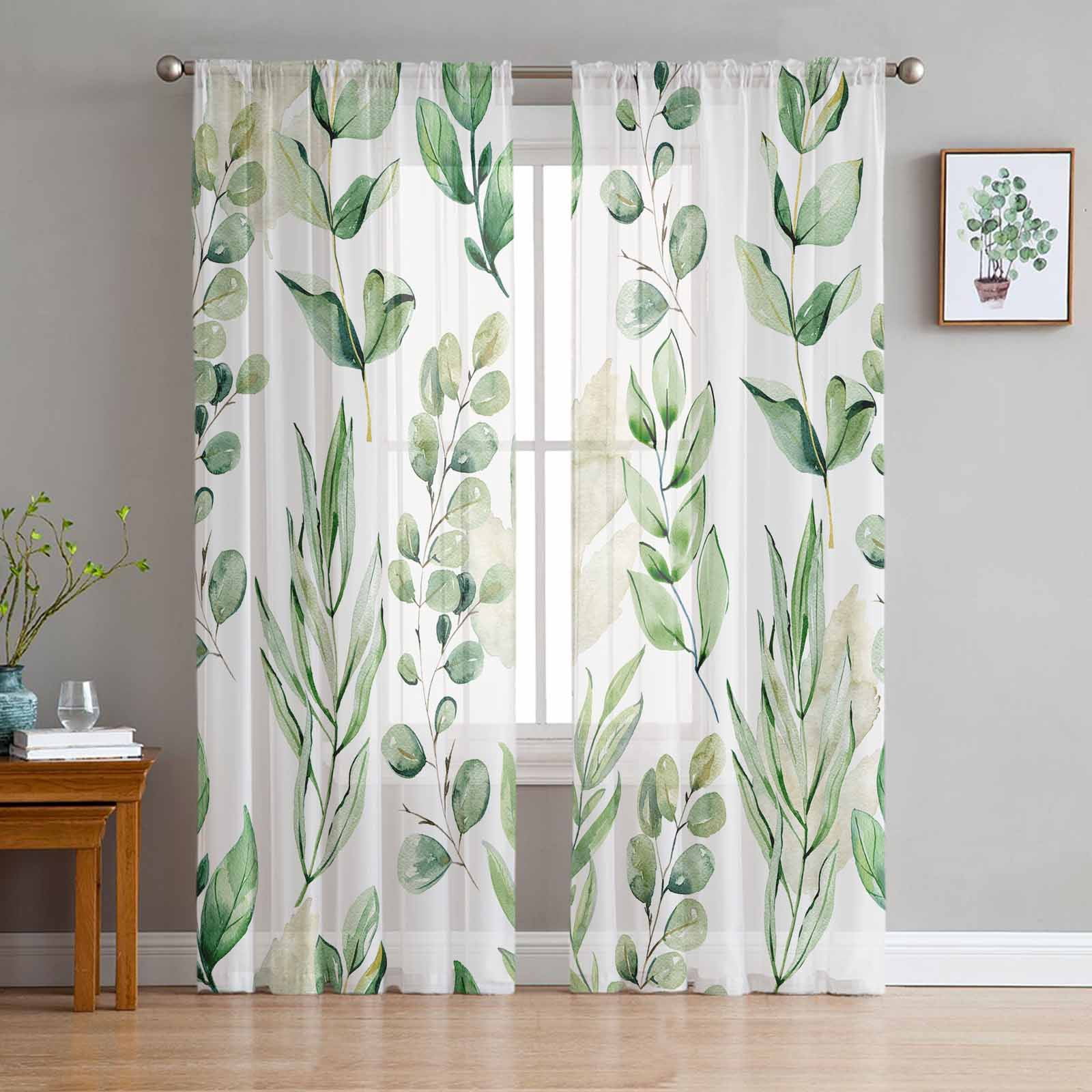Image showcasing Watercolor Plant Leaf Texture Triangle Tulle Sheer Curtains For Living Room Kitchen Children ...