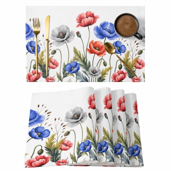 Watercolor Plant Placemats Set of 6, Red Blue Poppy Floral Decoration Non-Slip Place Mats Washable Table Mats for Kitchen Dining Table Decorations Indoor/Outdoor