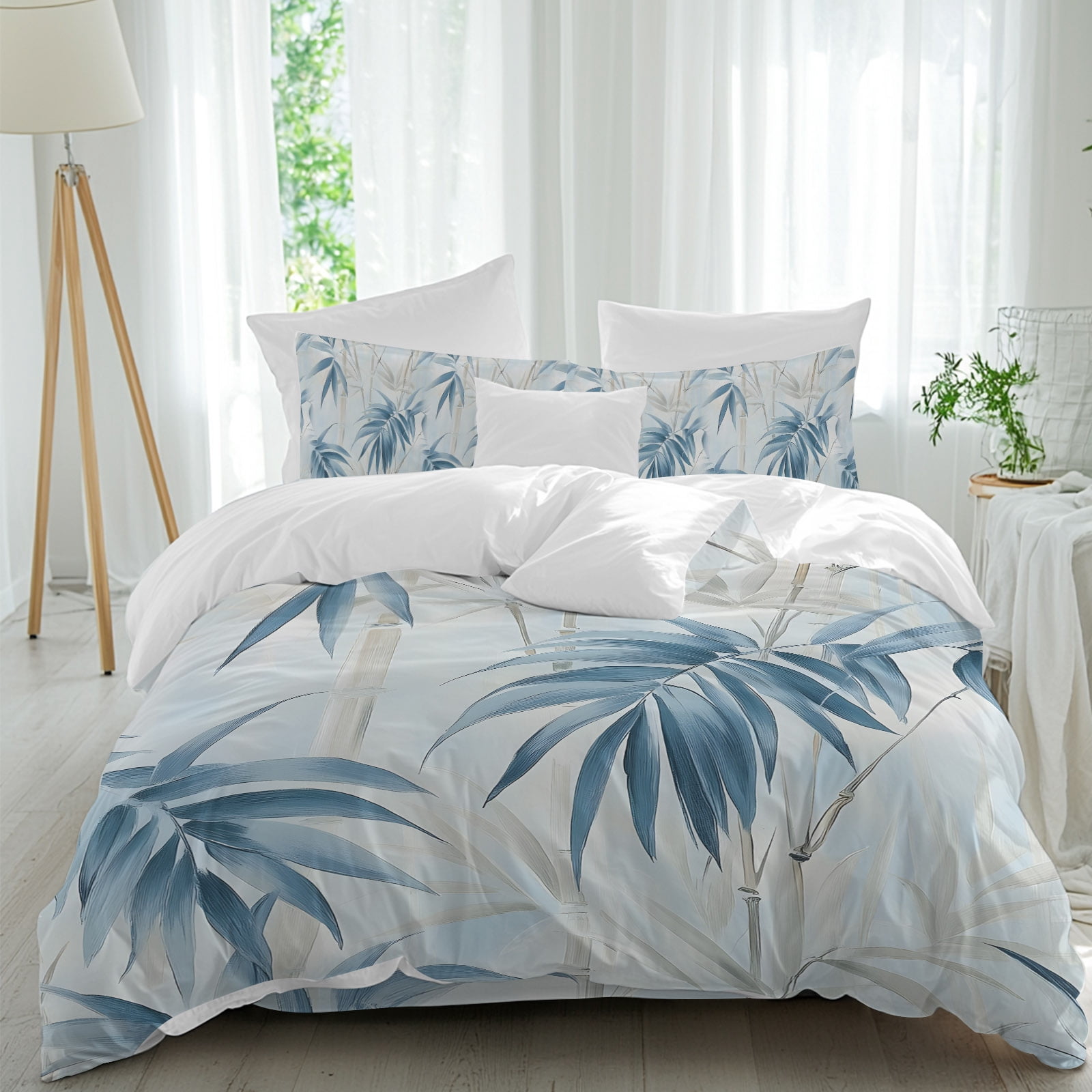 Watercolor Plant Queen Duvet Cover Set, Blue Bamboos Leaf Branch Impressionist 4 Piece Microfiber Bedding Set with Zipper Closure, Bed Sheet and 2 Pillow Shams, Soft Bedding Cover