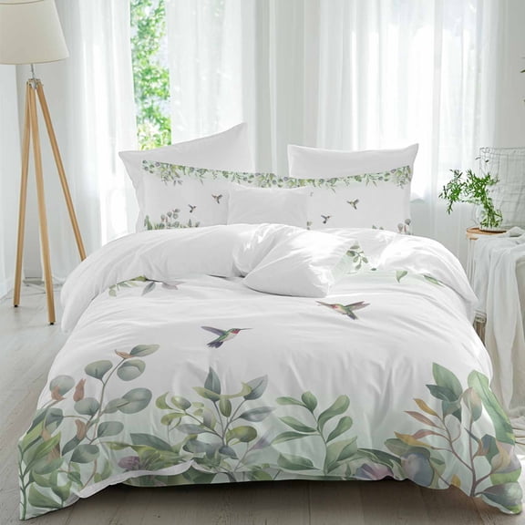 Watercolor Plant Queen Size Comforter Set, Hummingbird Green Leaf Bedding for All Seasons, 4 Pcs Bed Set, 1Quiltcover (90"x92") ,1Sheet(94"x116"), 2Pillowcases (30"x20")